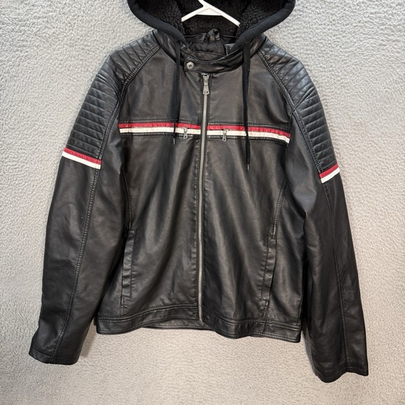 Hard Edge Jacket Adult XL Black Faux Leather Motorcycle Biker Hooded Moto Y2K - Picture 10 of 12